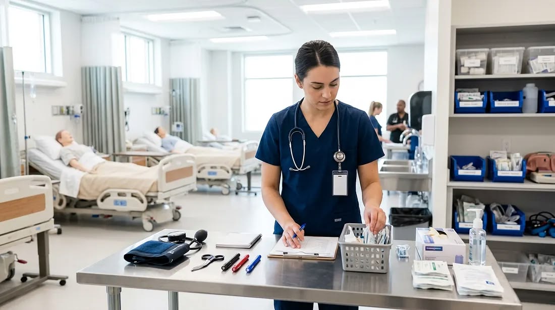 Nurse working at a clinical station in a hospital ward